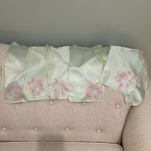 Vintage Set of 4 (plus 2) Satin Napkins |Mint Green | Pink flower | Yellow Trim